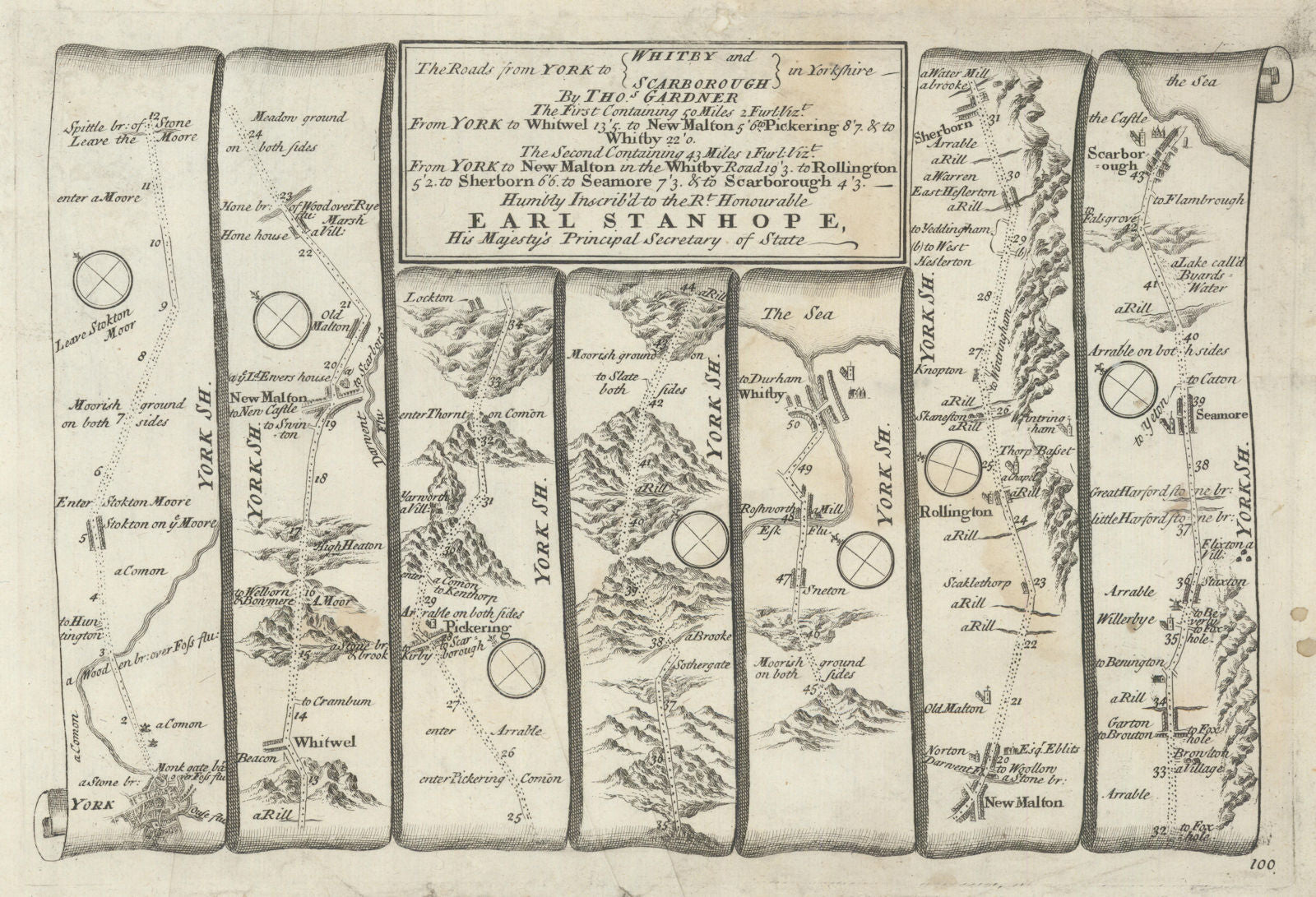 York - Malton - Pickering - Whitby / Scarborough. GARDNER road map #100 1719